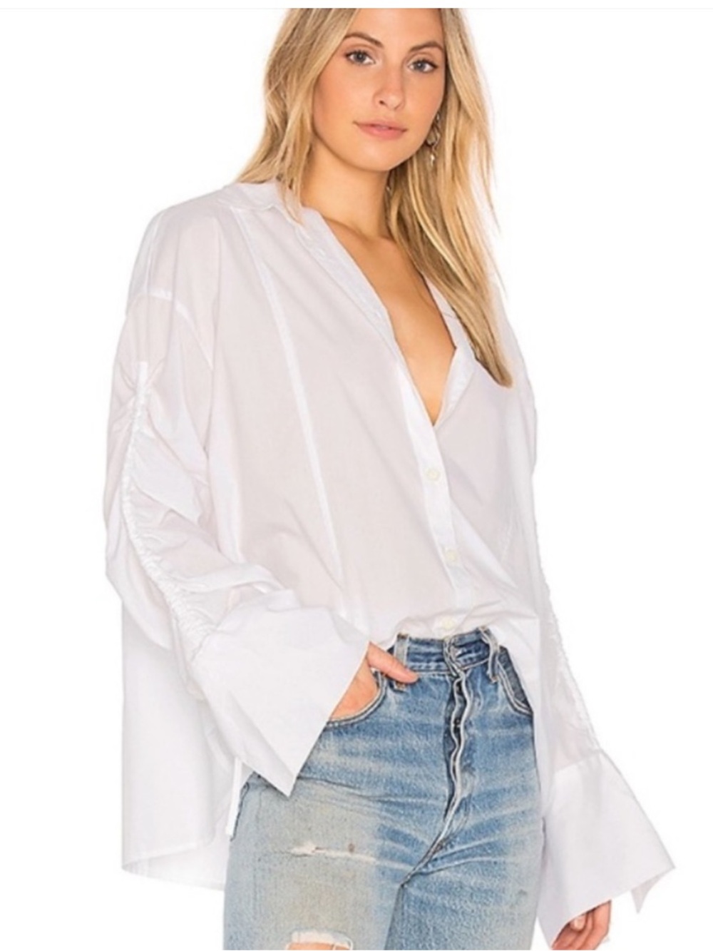Free People White "BROWN EYED GIRL" Poplin Button Front Oversized XS